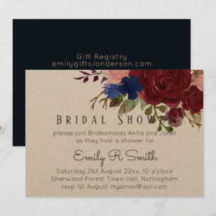 Navy Blue Burgundy Floral Bouquet Wedding Einladung