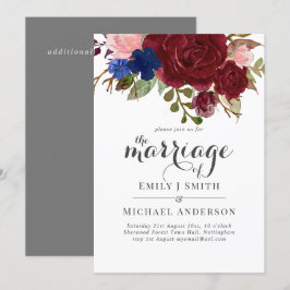 Navy Blue Burgundy Floral Bouquet Wedding Einladung