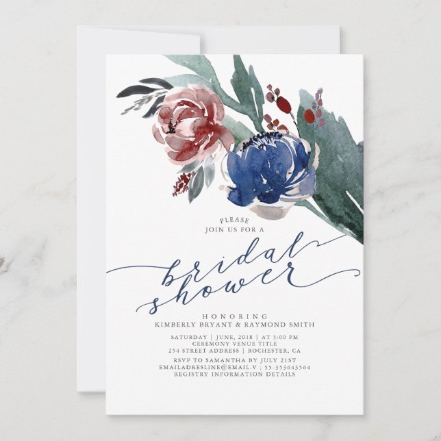 Navy Blue & Burgundy Floral Elegantes Brautparty Einladung (Vorderseite)
