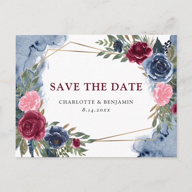 Navy Blue Burgundy Floral Geometric Save the Date Ankündigungspostkarte (Vorderseite)