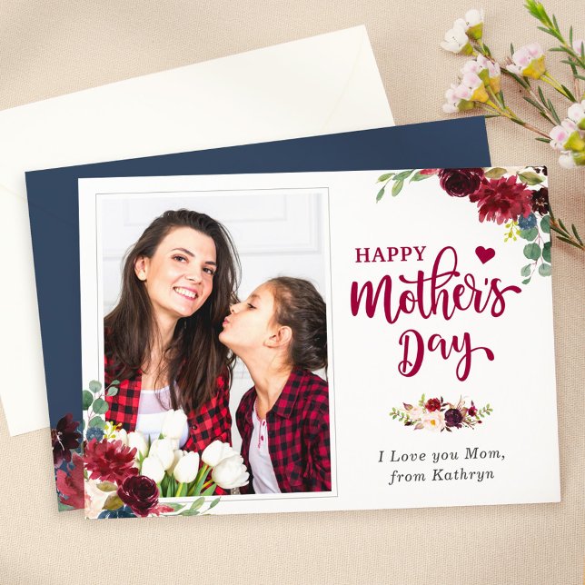 Navy Blue Burgundy Floral Happy Mother's Day Foto Karte (Von Creator hochgeladen)