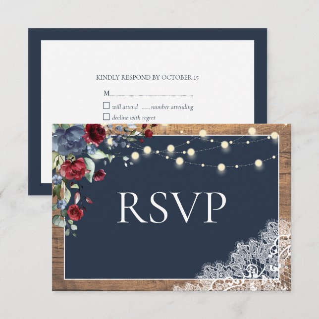 Navy Blue Burgundy Floral Lace Wood Wedding RSVP (Vorne/Hinten)