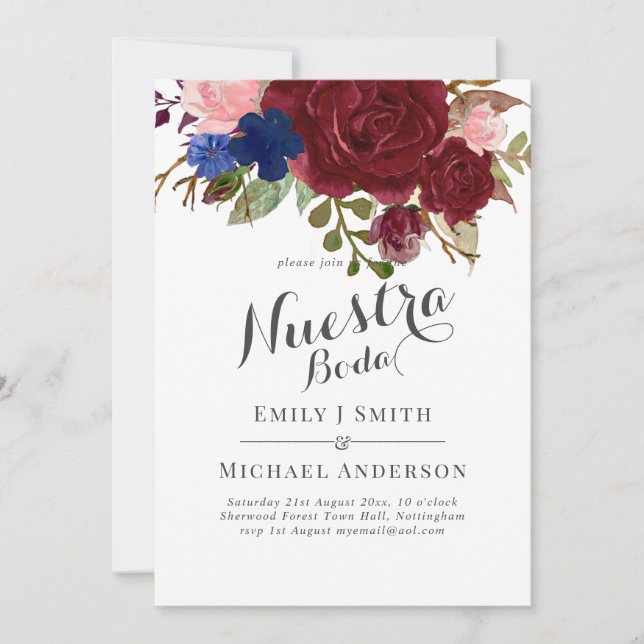 Navy Blue Burgundy Floral Nuestra Boda Spanisch Einladung (Vorderseite)