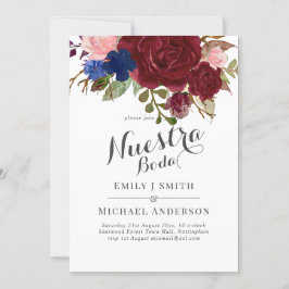 Navy Blue Burgundy Floral Nuestra Boda Spanisch Einladung