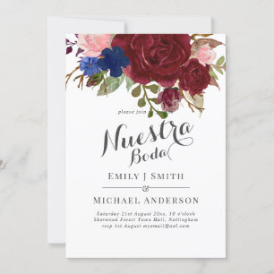 Navy Blue Burgundy Floral Nuestra Boda Spanisch Einladung