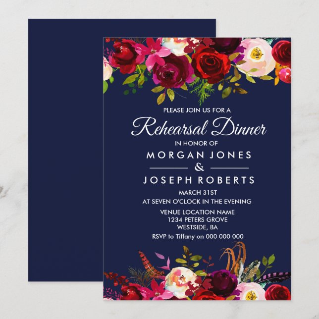 Navy Blue Burgundy Floral Probe Dinner einladen Einladung (Vorne/Hinten)