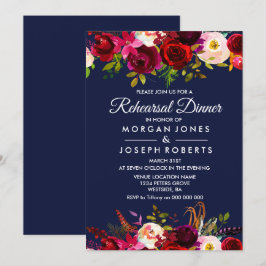 Navy Blue Burgundy Floral Probe Dinner einladen Einladung
