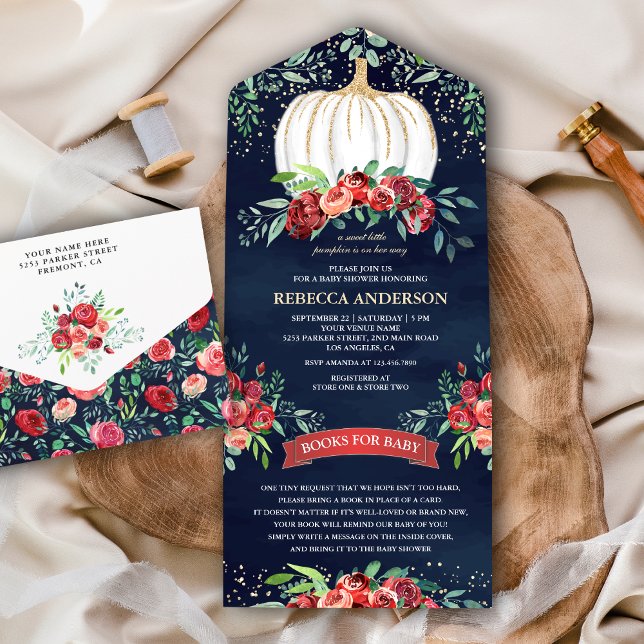Navy Blue Burgundy Floral Pumpkin Baby Dusche All In One Einladung (Von Creator hochgeladen)