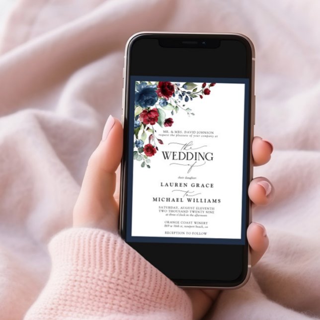 Navy Blue Burgundy Floral Watercolor Script Invita Einladung (Von Creator hochgeladen)