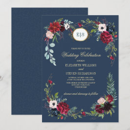 Navy Blue | Burgundy Floral Watercolor Wedding Einladung