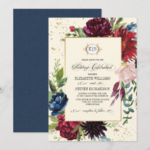 Navy Blue Burgundy Floral Watercolor Wedding Einladung