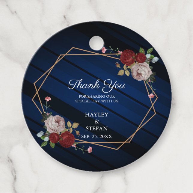 Navy Blue Burgundy Floral Wedding Vielen Dank Geschenkanhänger (Vorderseite)