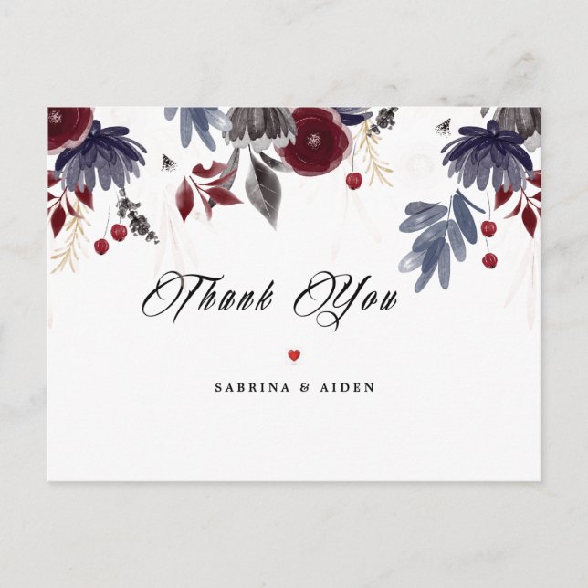 Navy Blue Burgundy Gothic Floral Wedding Vielen Da Postkarte (Vorderseite)