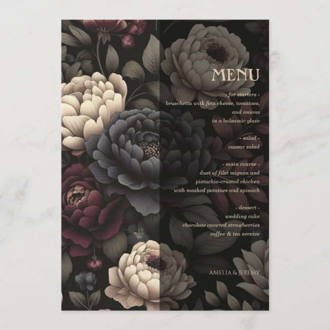 Navy Blue & Burgundy Moody Floral Menükarte (Vorderseite)
