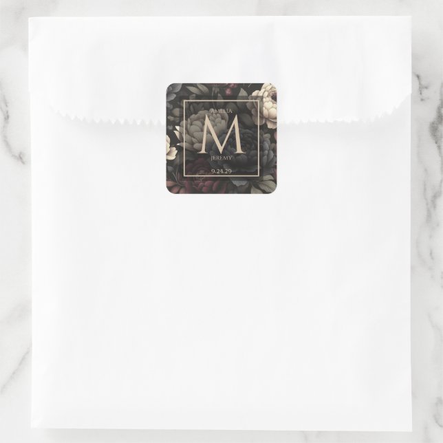 Navy Blue & Burgundy Moody Floral Quadratischer Aufkleber (Tasche)