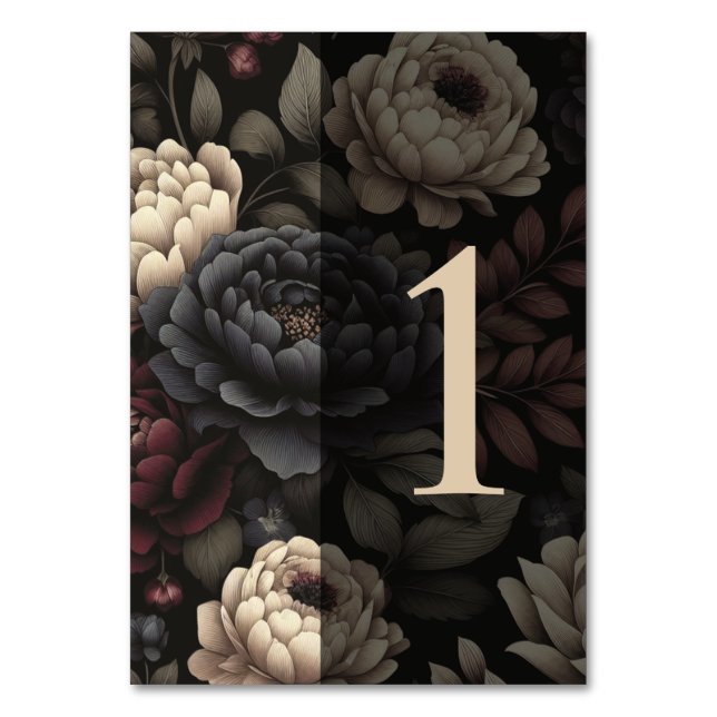 Navy Blue & Burgundy Moody Floral Table 1 Tischnummer (Vorderseite)