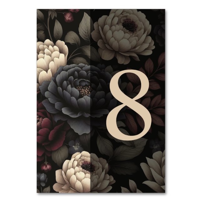 Navy Blue & Burgundy Moody Floral Table 8 Tischnummer (Vorderseite)
