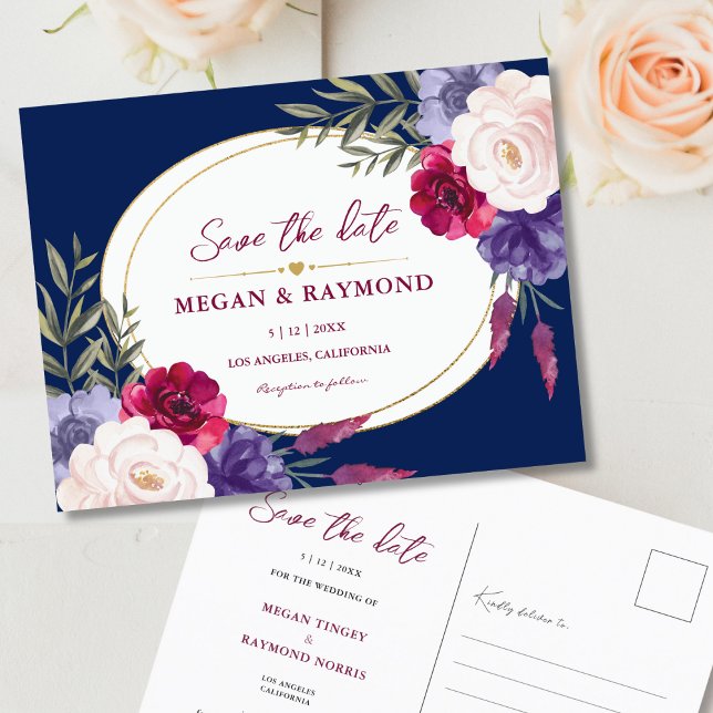 Navy Blue Burgundy Peony Geometric Save the Date Postkarte (Von Creator hochgeladen)