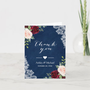 Navy Blue Burgundy Red Blush Floral Lace Vielen Da Dankeskarte
