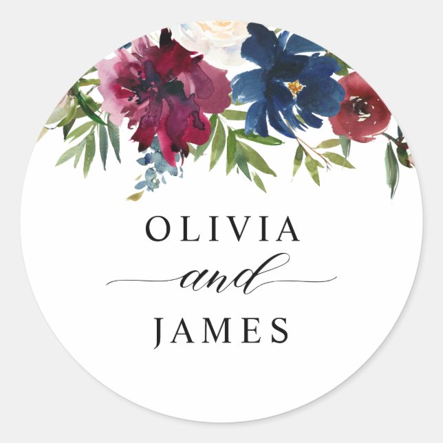 Navy Blue Burgundy Red Floral Chic Hochzeit Runder Aufkleber (Vorderseite)