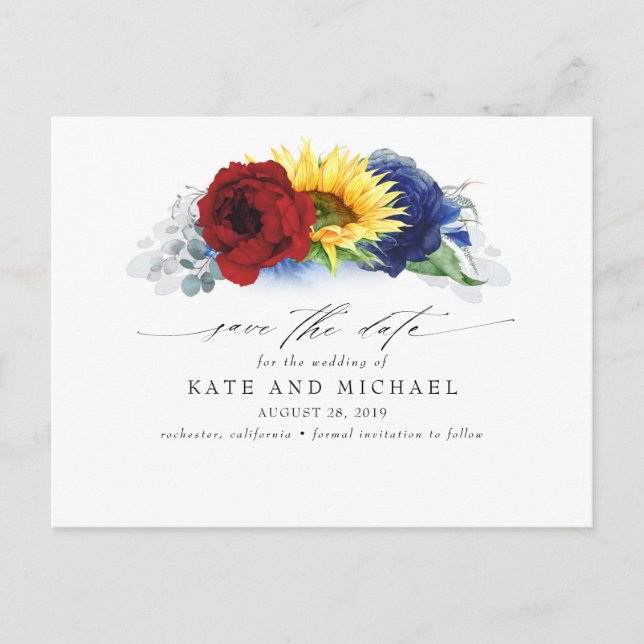 Navy Blue Burgundy Sonnenblume Gelb Save the Date Postkarte (Vorderseite)