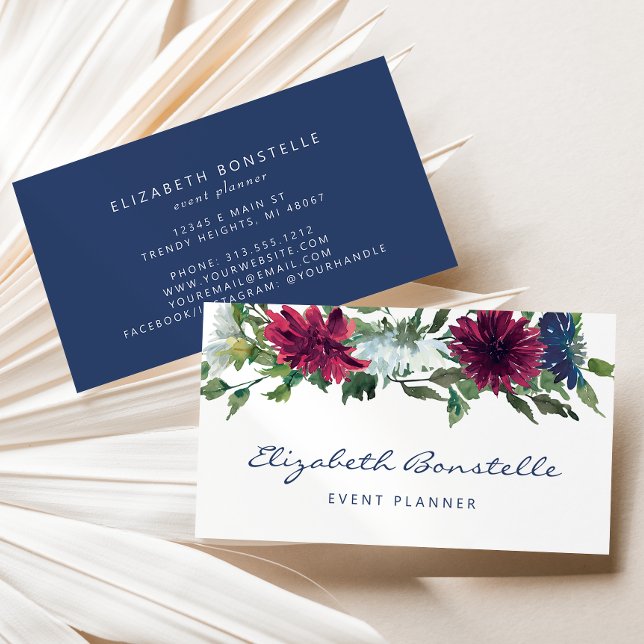 Navy Blue Burgundy Watercolor Floral Visitenkarte (Von Creator hochgeladen)