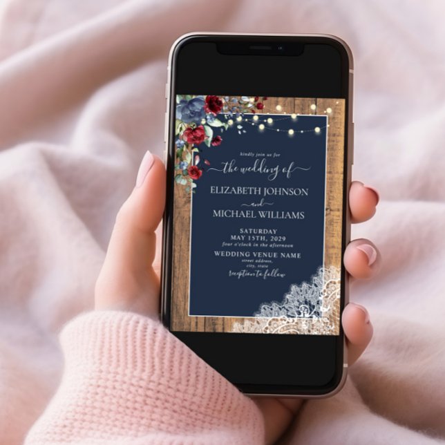 Navy Blue Burgundy Wood Script Lace Foto Wedding Einladung (Von Creator hochgeladen)