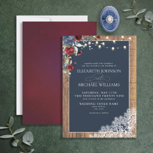 Navy Blue Burgundy Wood Script Lace Wedding Invit Einladung
