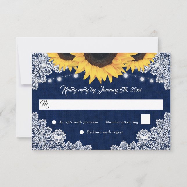 Navy Blue Burlap Floral Lace Sunflower Wedding RSVP Karte (Vorderseite)