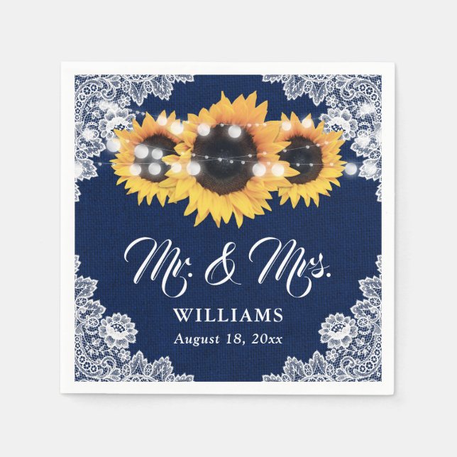 Navy Blue Burlap Floral Lace Sunflower Wedding Serviette (Vorderseite)