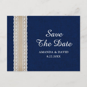 Navy Blue Burlap Lace Wedding rettet das Datum Postkarte
