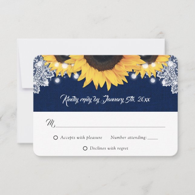 Navy Blue Burlap String Lights Sunflower Wedding RSVP Karte (Vorderseite)