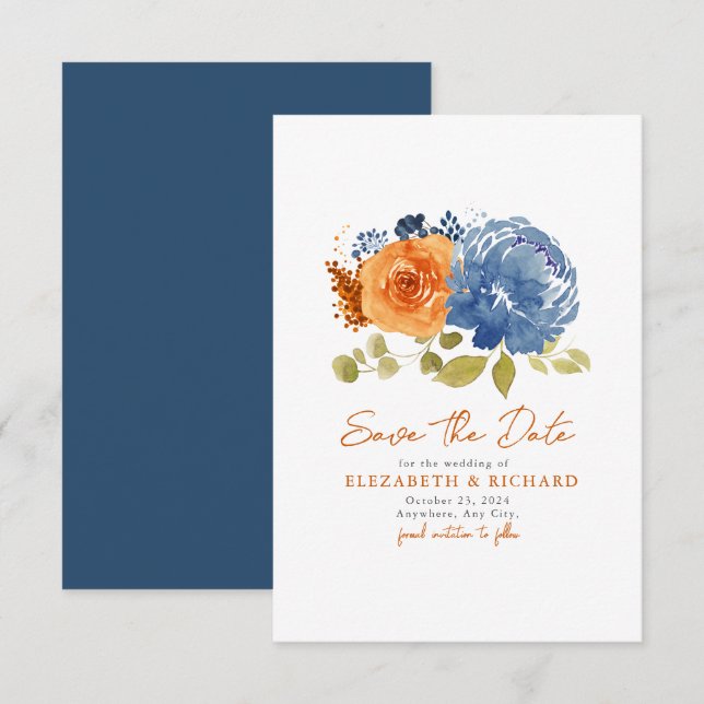 Navy Blue Burnt Orange Bouquet Fall Floral Save The Date (Vorne/Hinten)