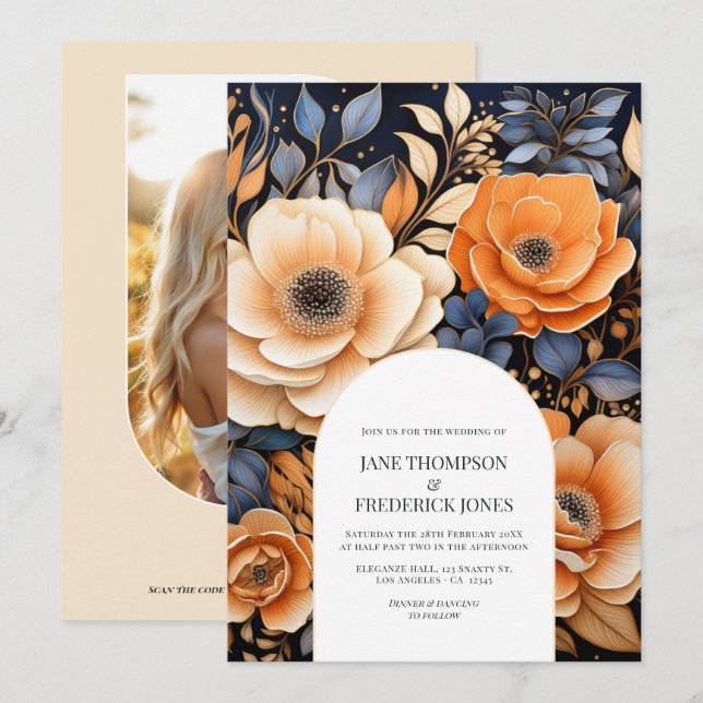 Navy Blue, Burnt Orange & Champagne Floral Wedding Einladung (Vorne/Hinten)