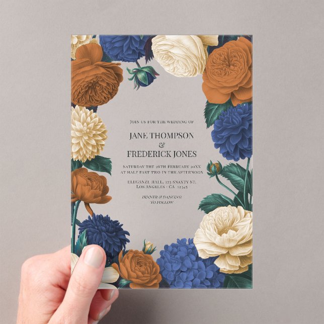 Navy Blue, Burnt Orange & Champagne Wedding Acryleinladungen (Insitu (Handheld))