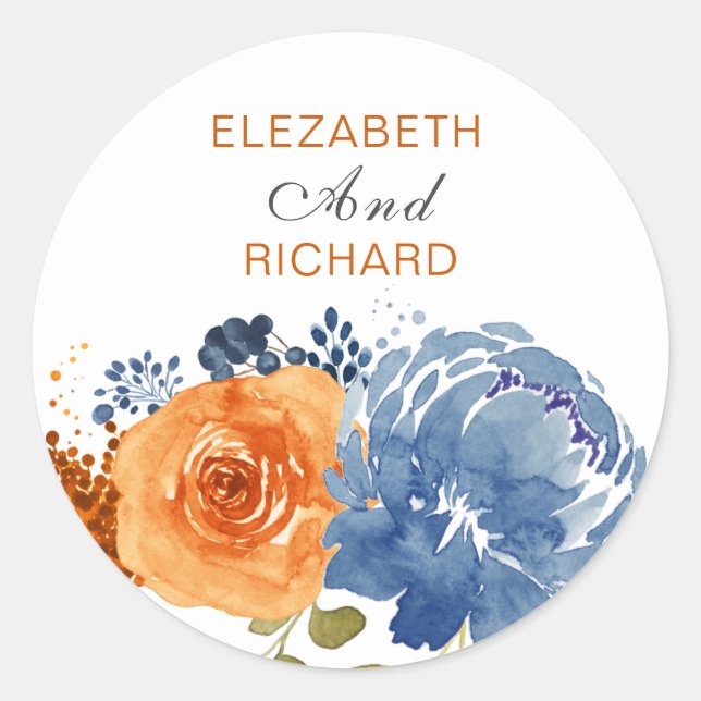 Navy Blue Burnt Orange Floral Boho Runder Aufkleber (Vorderseite)