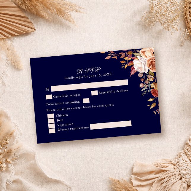 Navy Blue Burnt Orange Floral Wedding RSVP Card (Navy Blue Burnt Orange Floral Wedding RSVP Card on a neutral boho table.
)