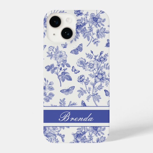 Navy Blue Butterfly Toile iPhone 14 Fall iPhone 14 Hülle (Rückseite)