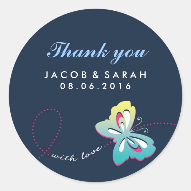 Navy Blue Butterfly Wedding Danke Sticker (Vorderseite)