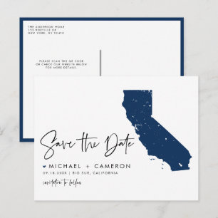Navy Blue California Map QR-Code Save the Date Ankündigungspostkarte