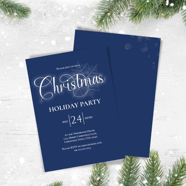 Navy Blue Calligraphy Script Weihnachts-Party Einladung (Navy blue Christmas party invitation)