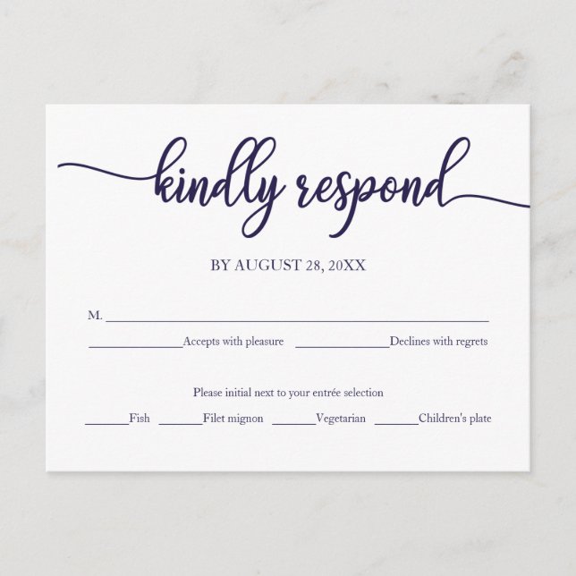 Navy Blue Calligraphy Wedding RSVP Postkarte (Vorderseite)
