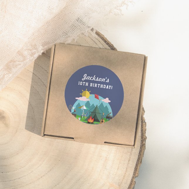 Navy Blue Camping Birthday Party Runder Aufkleber (Von Creator hochgeladen)