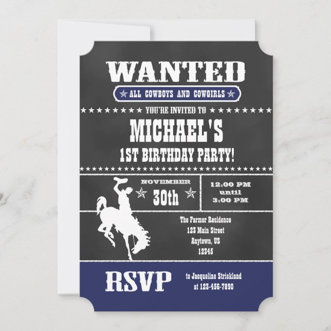 Navy Blue Chalkboard Cowboy zum Geburtstag Einladu Einladung (Vorderseite)