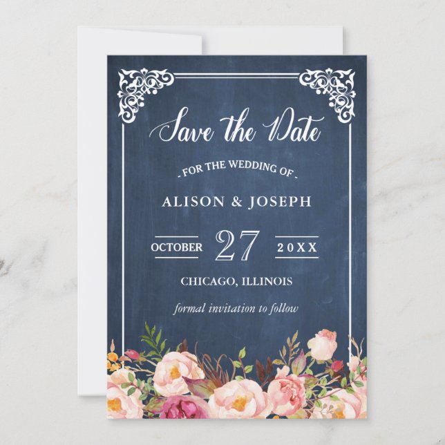 Navy Blue Chalkboard Pink Floral Save the Date (Vorderseite)