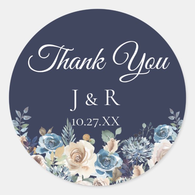 Navy Blue Champagne Floral Personalisiert Gefallen Runder Aufkleber (Vorderseite)