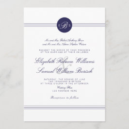 Navy Blue Chic White Monogram Wedite Einladung