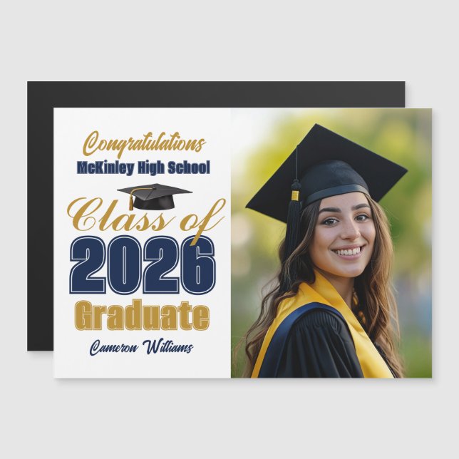 Navy Blue Class of 2026 Graduation Photo Magnet (Vorne/Hinten)