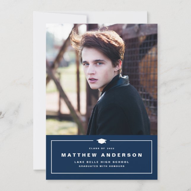 Navy Blue Classic Graduation Cap Foto Abschluss Ankündigung (Vorderseite)