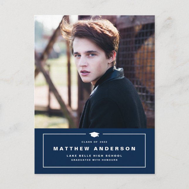 Navy Blue Classic Graduation Cap Foto Abschluss Ankündigungspostkarte (Vorderseite)